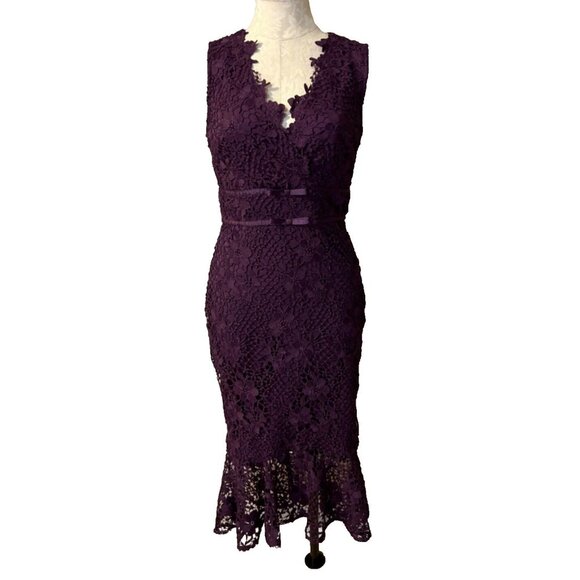 Lipsy Midi Dress 6 Us Eu 38 UK 10 Purple Stretch Hourglass Fit Sleeveless Lace - Picture 2 of 11